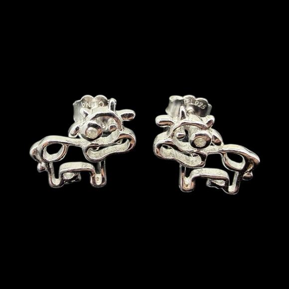 Diamond Cow Stud Earrings 925 Sterling Silver Farm Animal - Picture 2 of 3